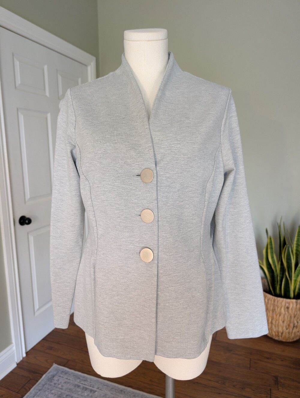 Robert Kitchen Grey Stretch Blazer Statement Buttons Designer Jacket Made in Can
